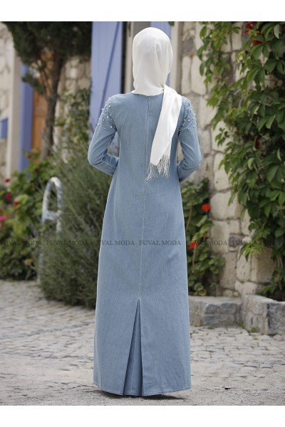 İncili Kot Elbise Açık Mavi - Piennar